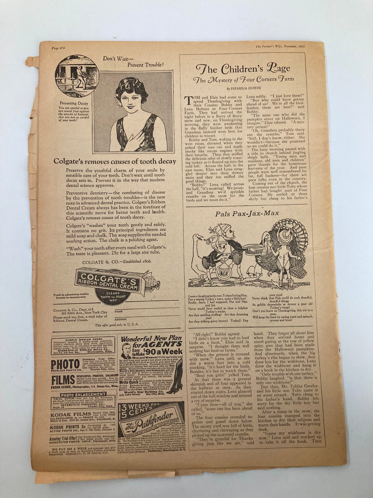 Back cover of VTG The Farmer's Wife Magazine November 1925 showcasing advertisements and the 'Children's Page' along with a vintage illustration.