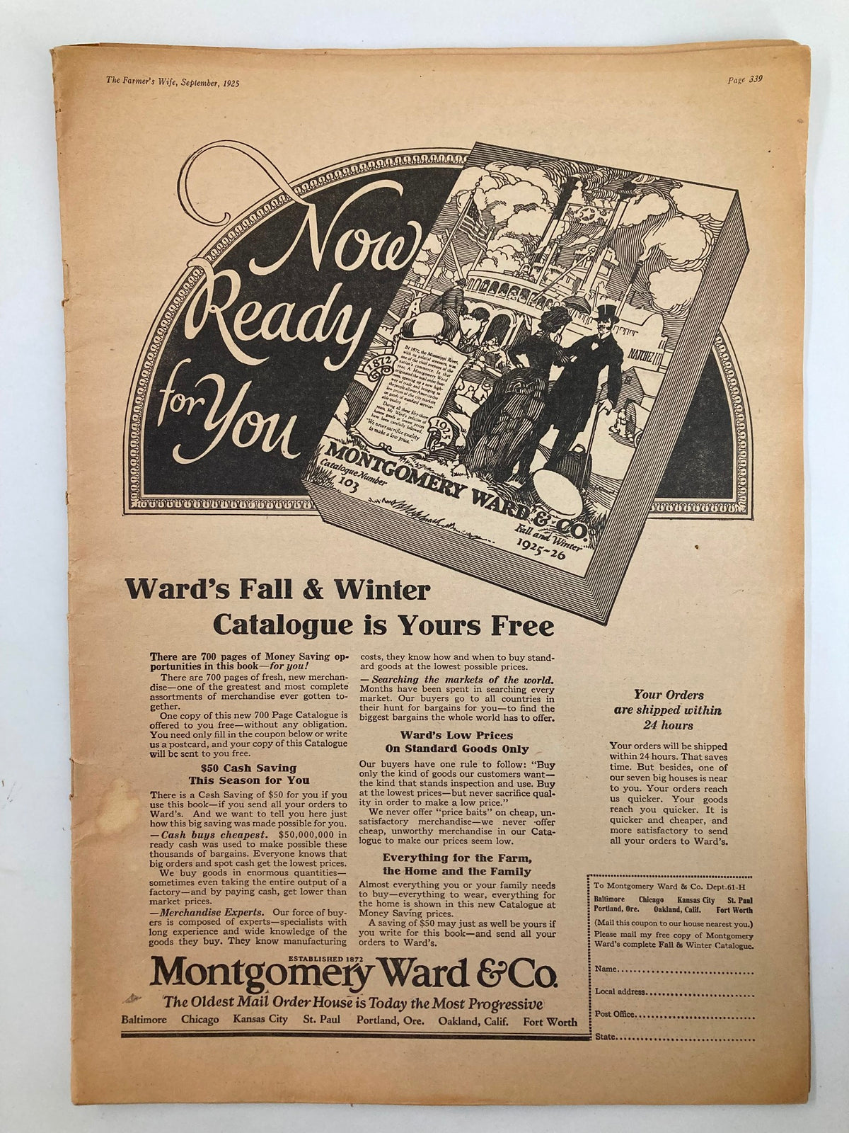 VTG The Farmer's Wife Magazine September 1925 showcasing the cover with advertisement for Montgomery Ward's Fall & Winter Catalogue.