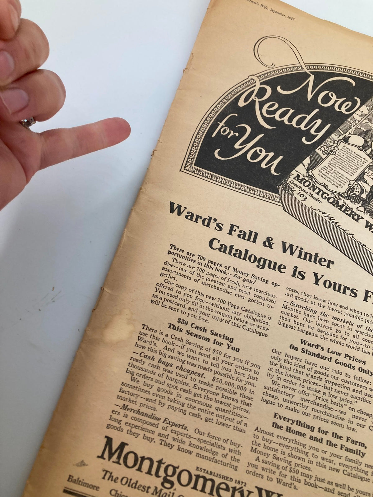 Close-up of VTG The Farmer's Wife Magazine September 1925 cover, highlighting the text 'Now Ready for You' and the Fall & Winter Catalogue advertisement.