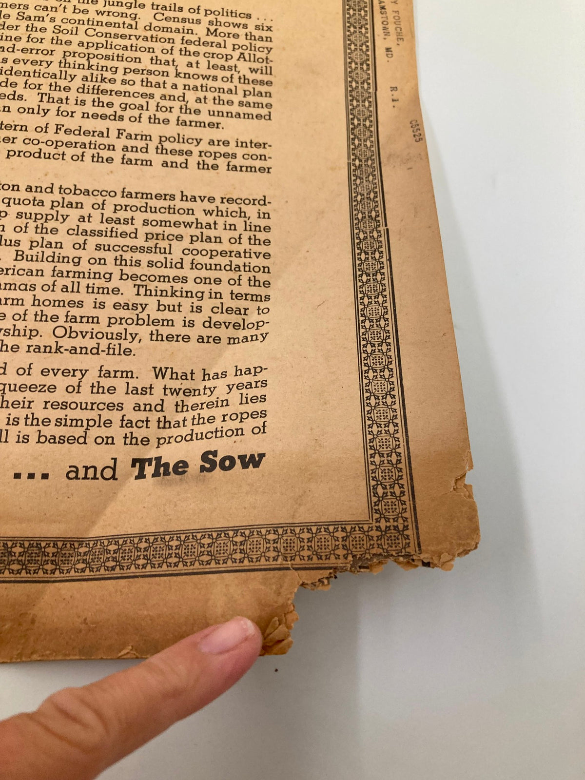 Close-up of the bottom section of VTG The Maryland Farmer Magazine April 1938, showcasing vintage paper wear and detailed text about farmer cooperation.