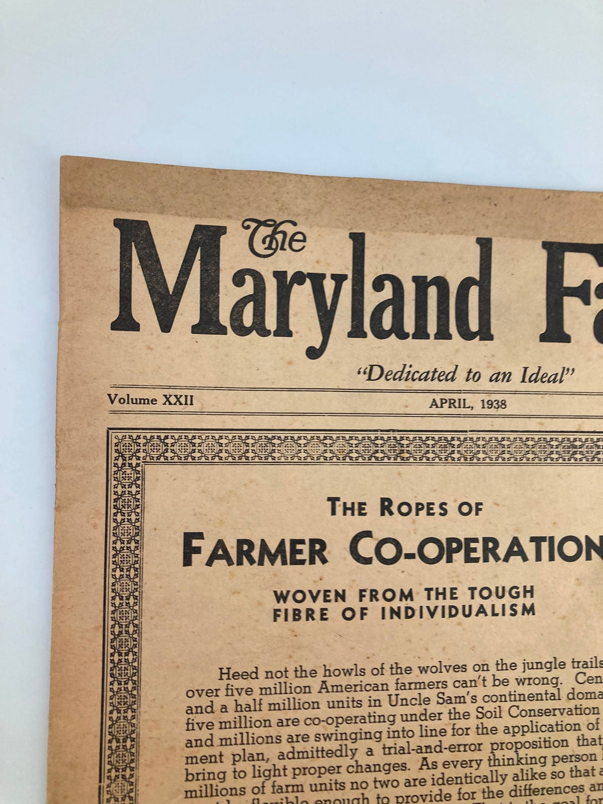 Close-up view of the title section of VTG The Maryland Farmer Magazine April 1938, highlighting the title and historical context of agricultural practices.