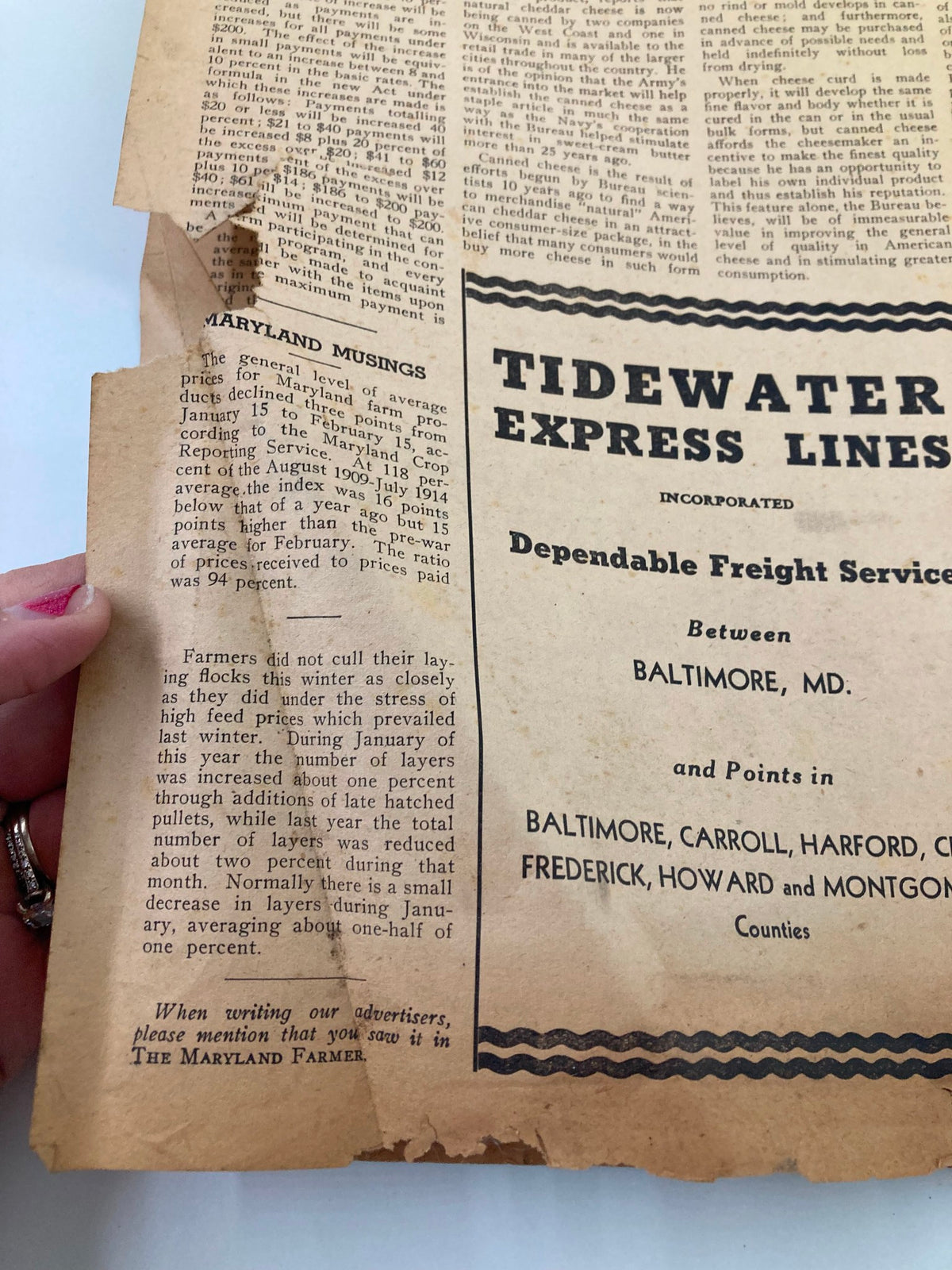 Interior page from the April 1938 issue of VTG The Maryland Farmer Magazine, highlighting farming practices and historical content with torn edges.