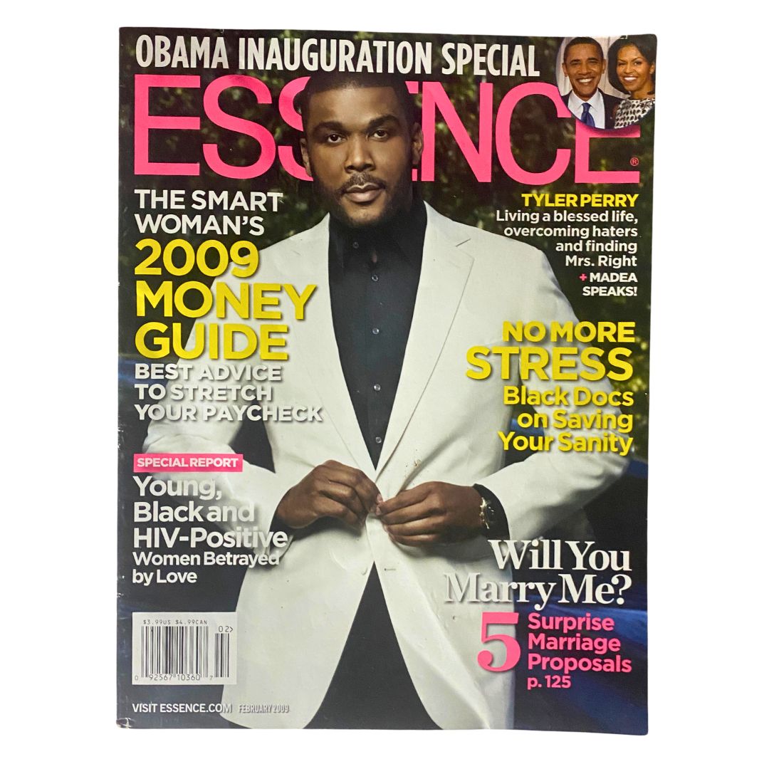 Essence Magazine February 2009 cover featuring Tyler Perry, capturing a moment from the Obama Inauguration Special with headlines on money guidance and marriage proposals.