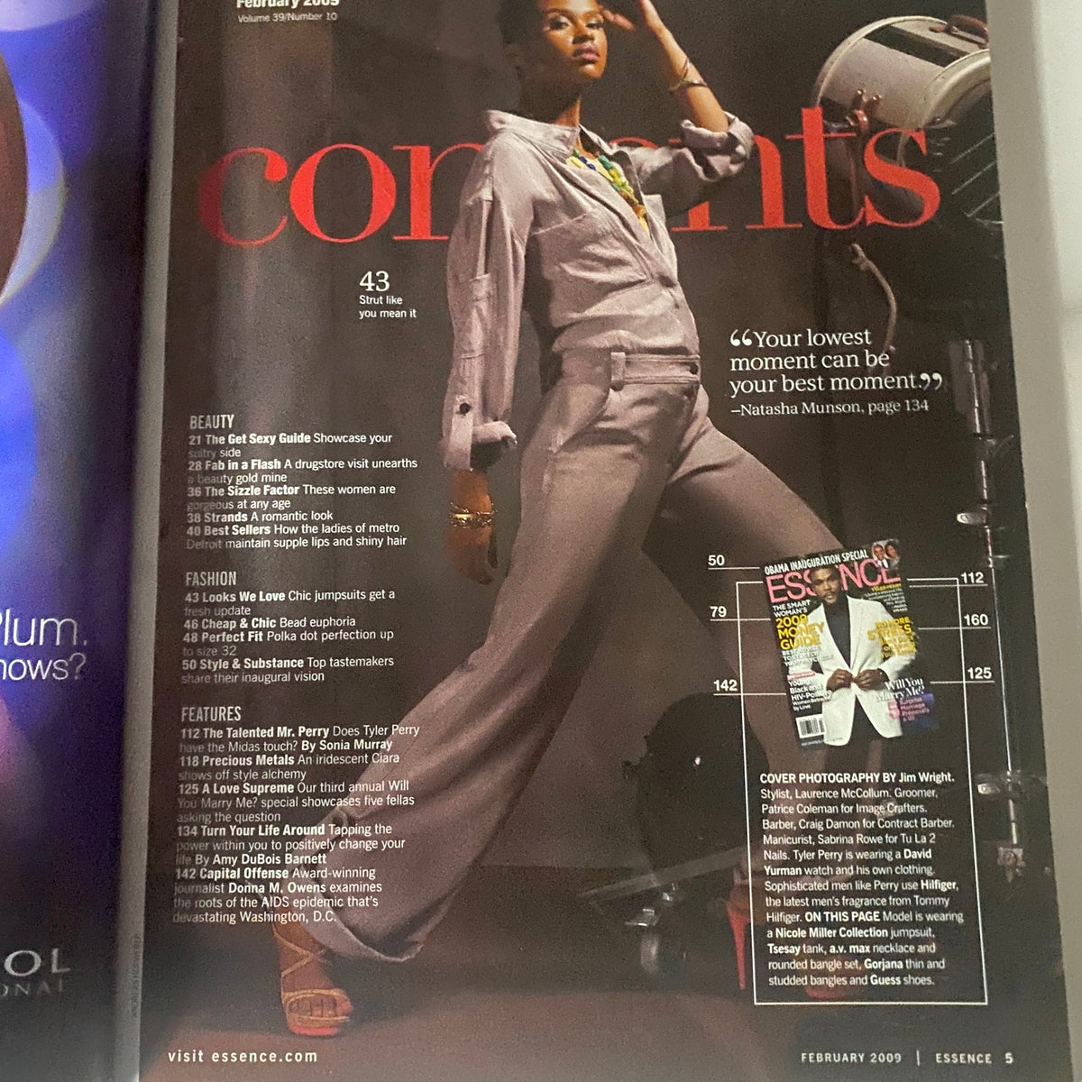 Interior page from Essence Magazine February 2009 showcasing a fashion model, highlighting beauty, fashion, and features including an article about Tyler Perry.