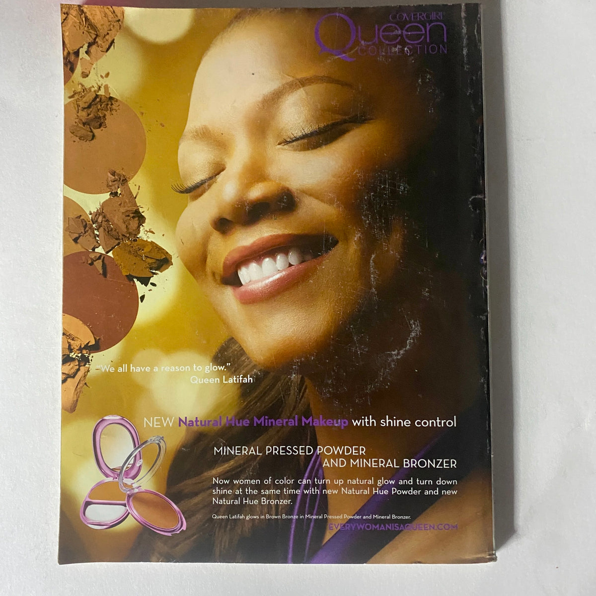 Back cover of Essence Magazine February 2009 promoting the Queen Collection by CoverGirl, featuring Queen Latifah and her message about natural beauty.