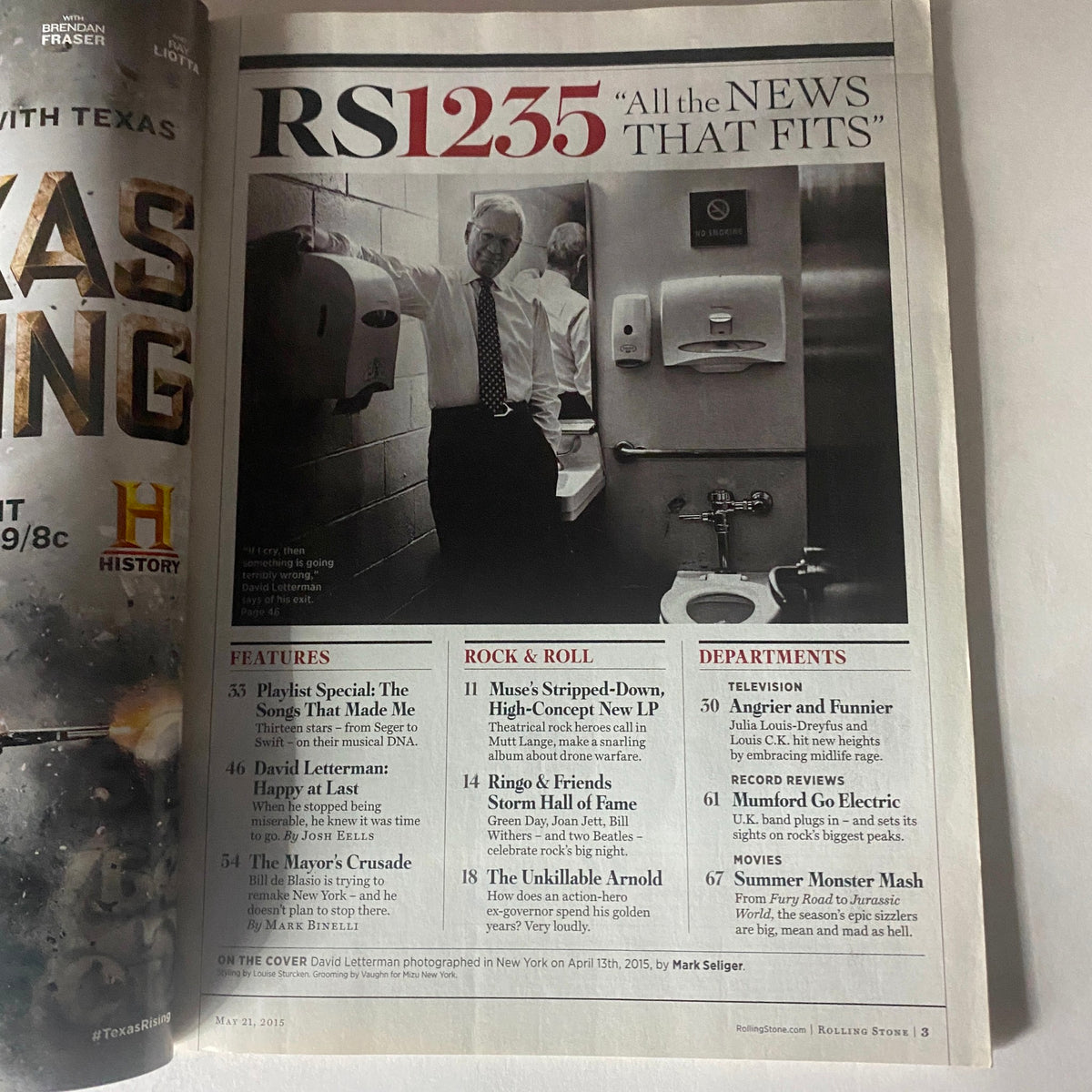 Interior page of Rolling Stone Magazine May 21, 2015 Issue 1235 featuring a photograph of David Letterman in a bathroom setting, highlighting his influence on television and pop culture.