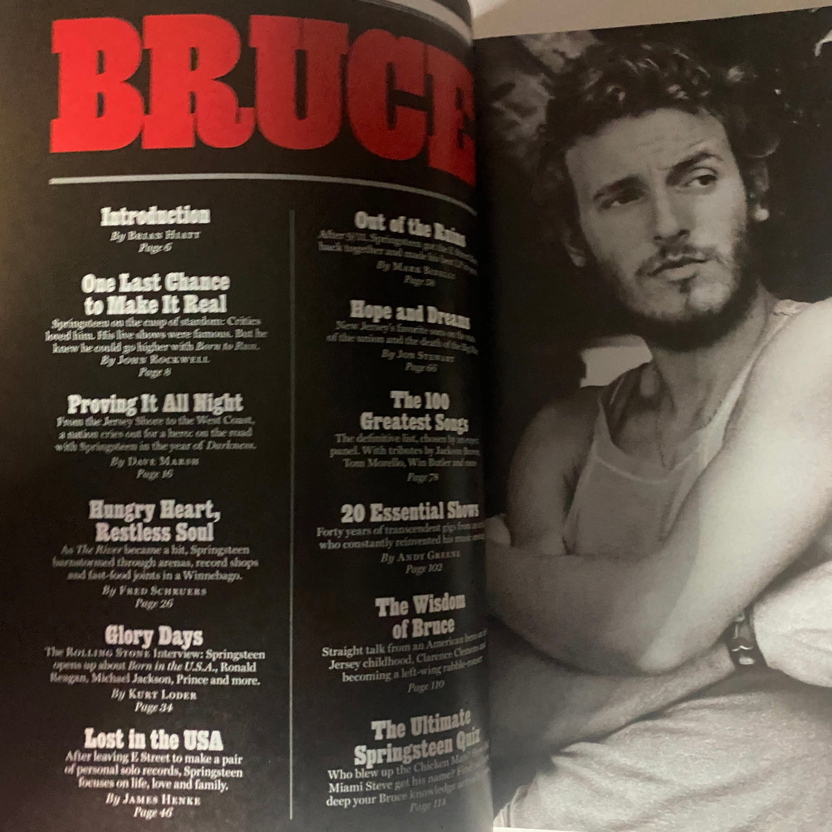Inside view of Rolling Stone Magazine December 2013, showcasing an introduction and feature articles on Bruce Springsteen.