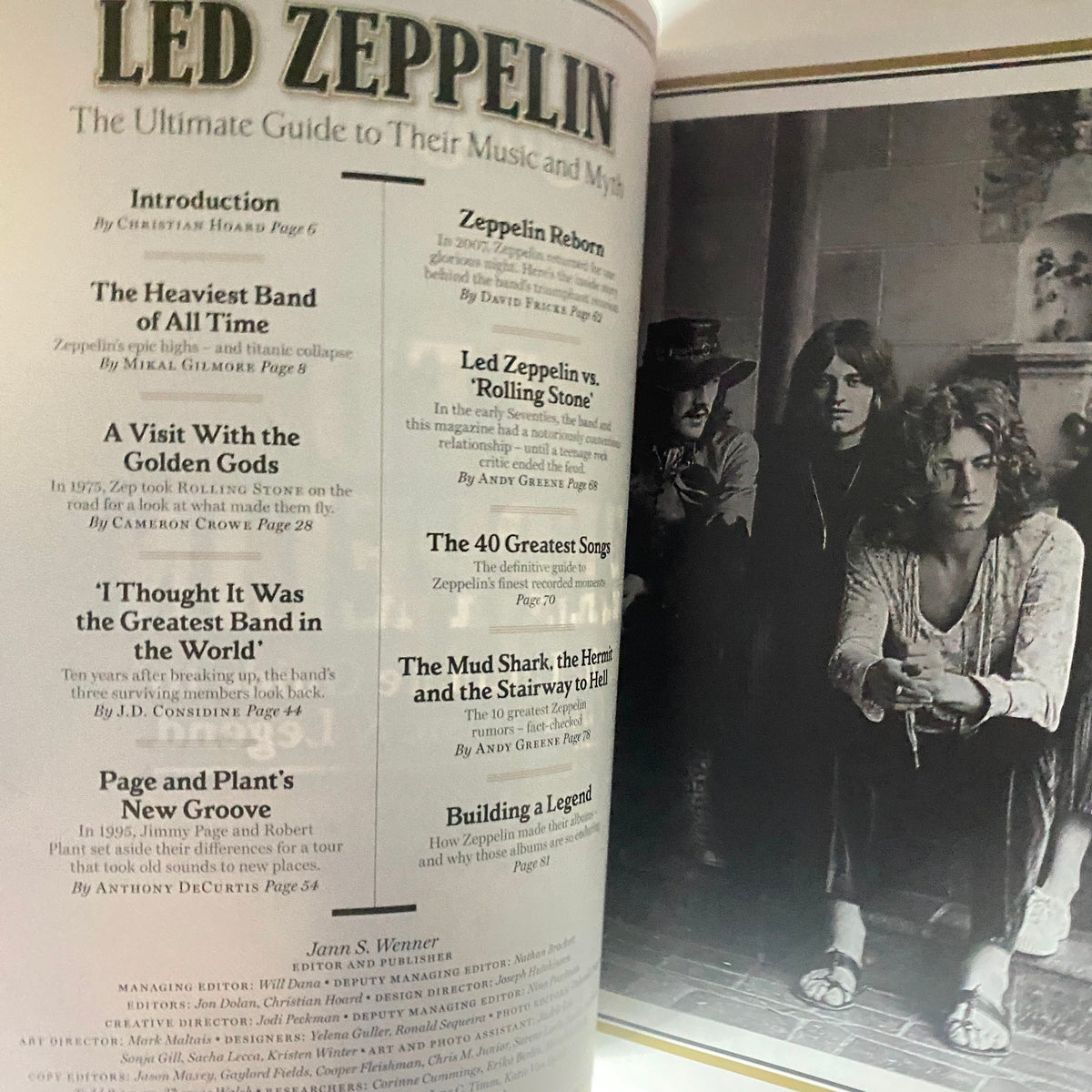 Inside page of Rolling Stone Magazine January 2013 Led Zeppelin Collectors Edition, detailing articles about Led Zeppelin's history, songs, and impact on music, along with engaging photographs.