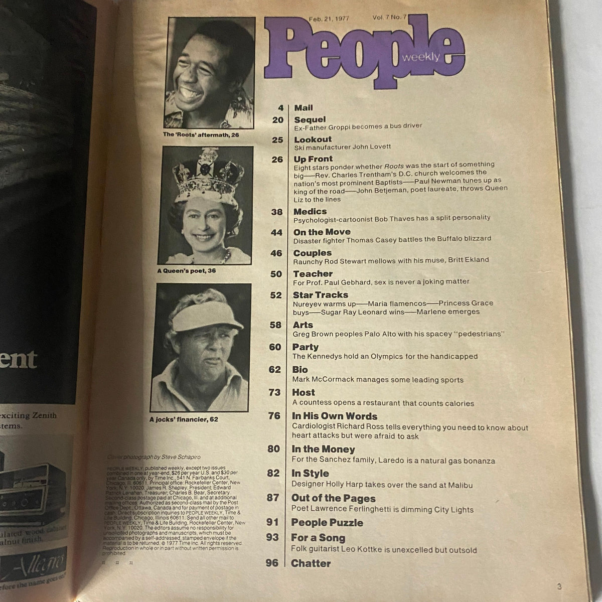 Table of contents from VTG People Weekly Magazine February 21, 1977 featuring articles on Rod Stewart, Britt Ekland, and more.