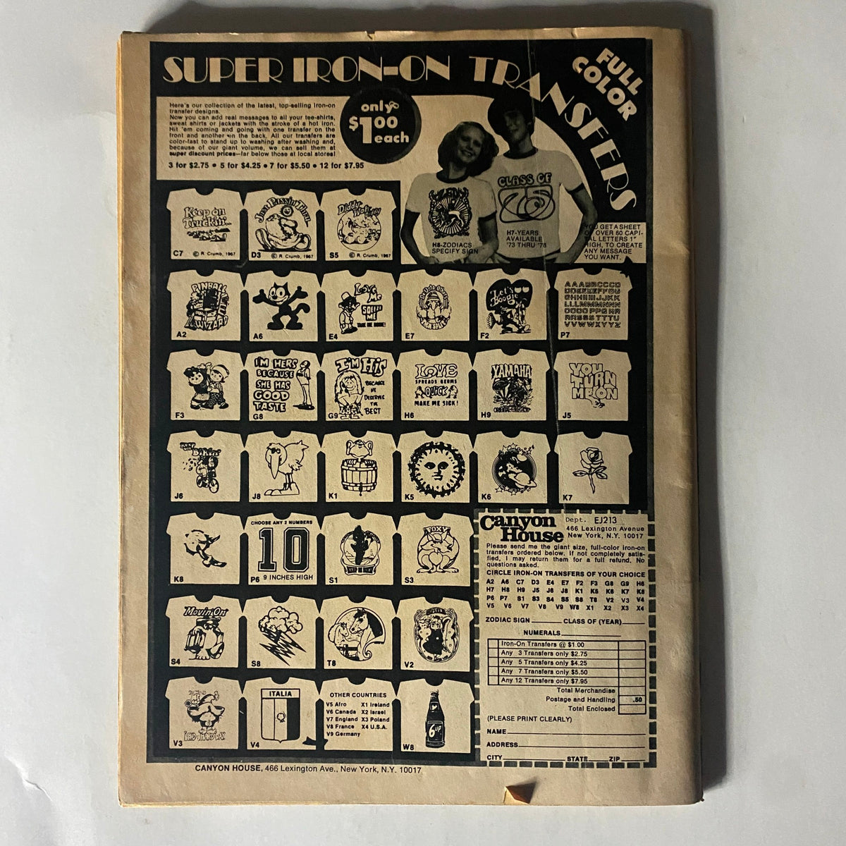 Back cover of the VTG Hit Parader Yearbook Summer Fall 1975 displaying graphic advertisements for iron-on transfers.