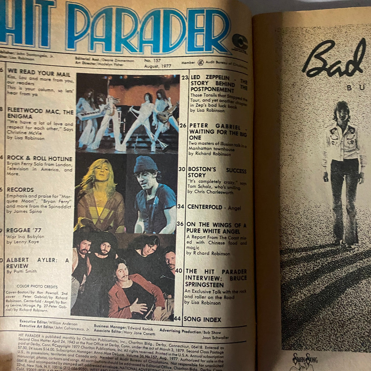 Cover page of the VTG Hit Parader Magazine August 1977 featuring articles on Led Zeppelin and Boston, with vibrant images and details about iconic rock bands.