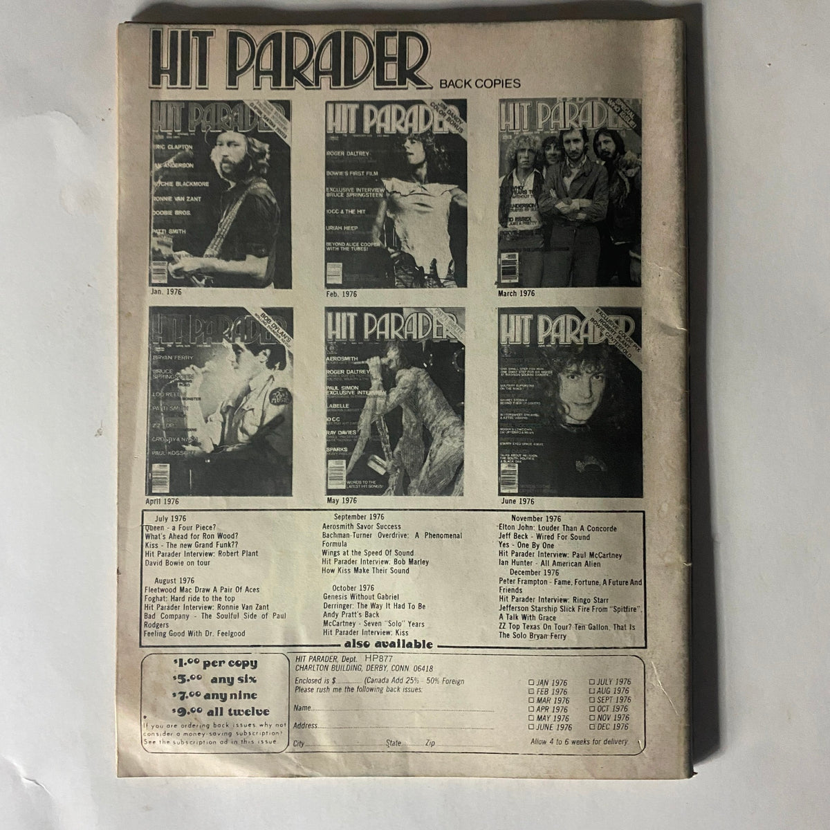 Back cover of the VTG Hit Parader Magazine August 1977 displaying listings of previous issues with featured artists and details for collectible magazine ordering.