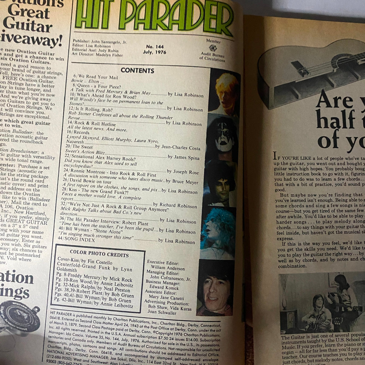 Hit Parader magazine July 1976 featuring table of contents showcasing articles about rock icons including Kiss and Robert Plant, highlighting the vibrant rock music culture of the 70s.