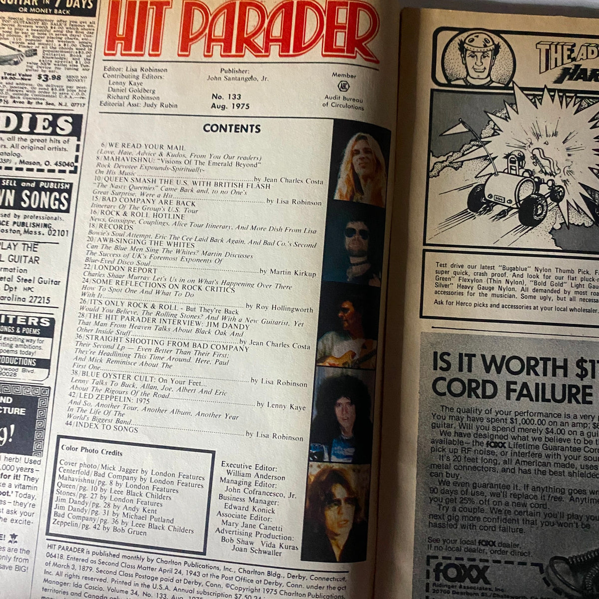 Inside page of VTG Hit Parader Magazine August 1975, highlighting the table of contents with feature articles and interviews.