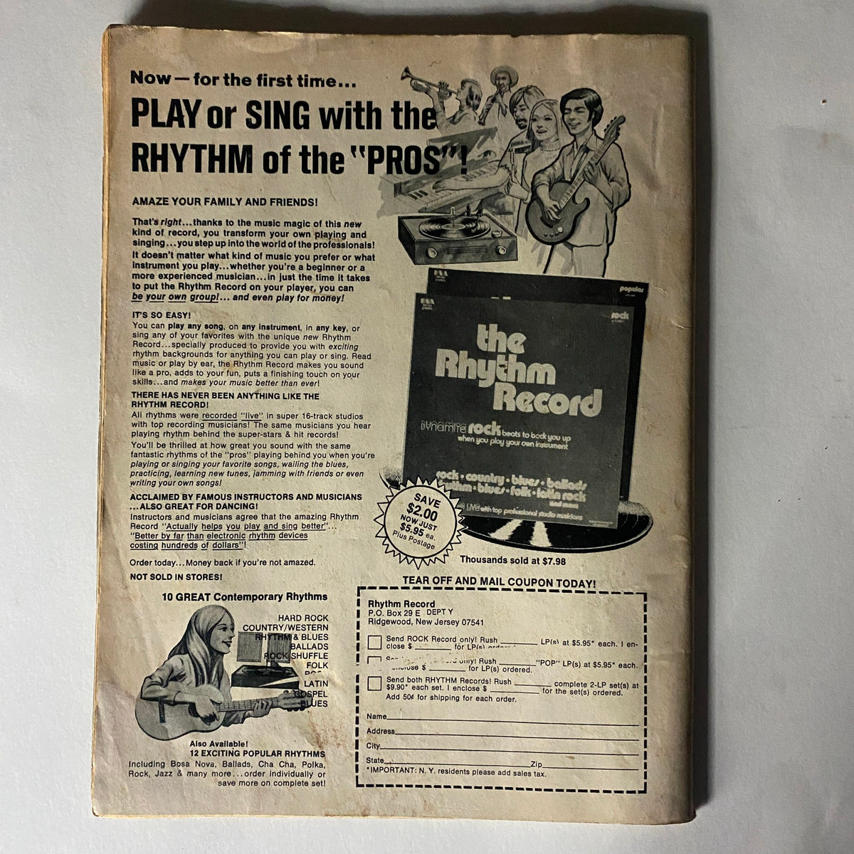 Back cover of VTG Hit Parader Magazine August 1975, featuring an advertisement for the Rhythm Record and promoting music engagement.