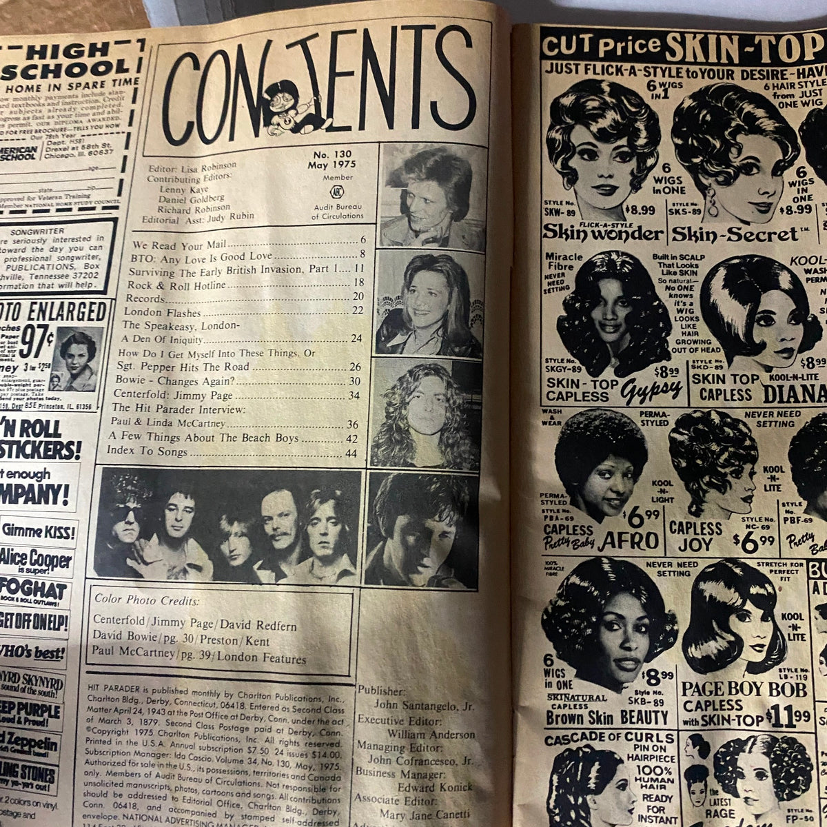 Interior page of the May 1975 VTG Hit Parader Magazine displaying the table of contents with notable feature articles, including Paul and Linda McCartney's interview.