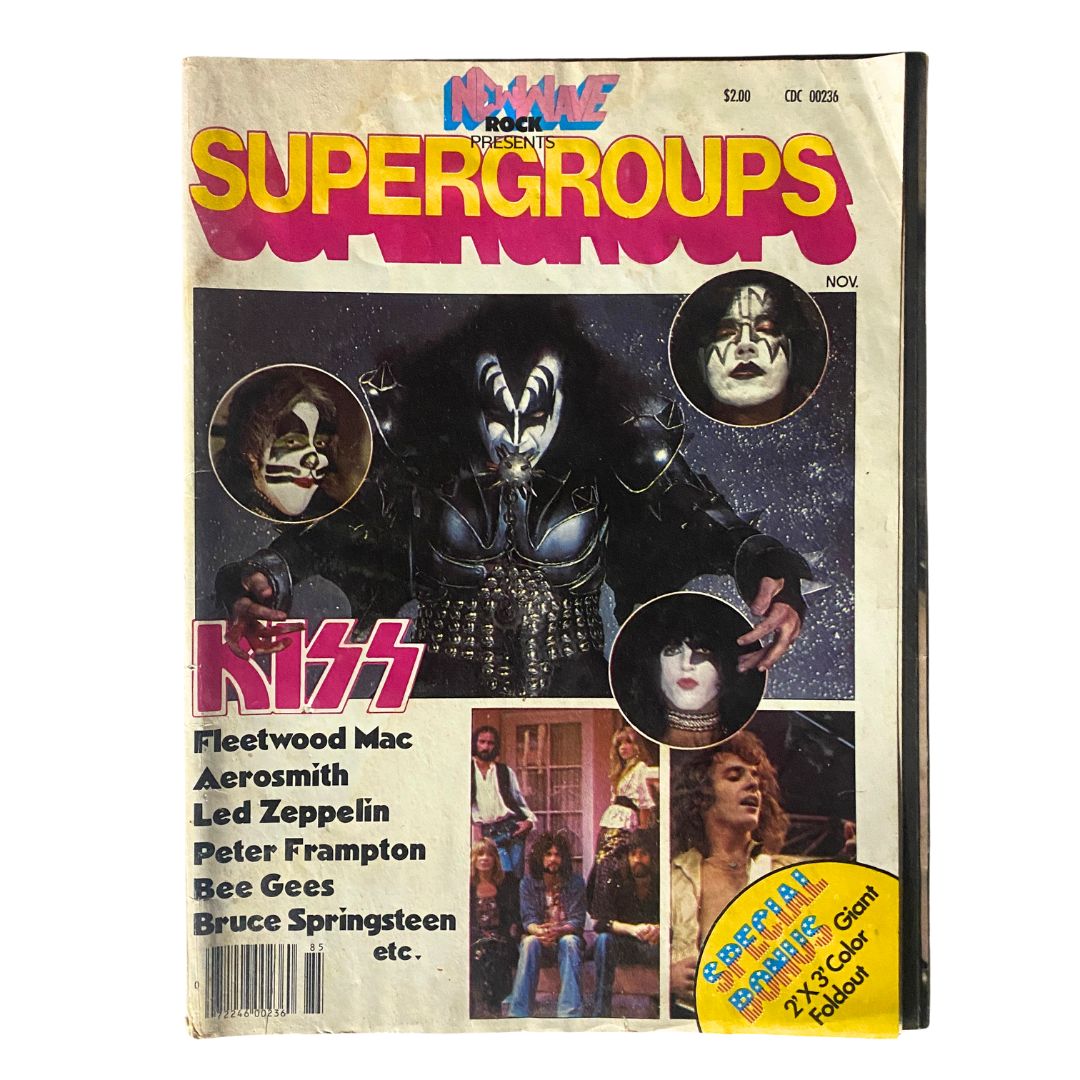 Cover of New Wave Rock Presents Supergroups magazine from November 1978, featuring iconic band Kiss and highlights of Fleetwood Mac, Aerosmith, Led Zeppelin, and more.