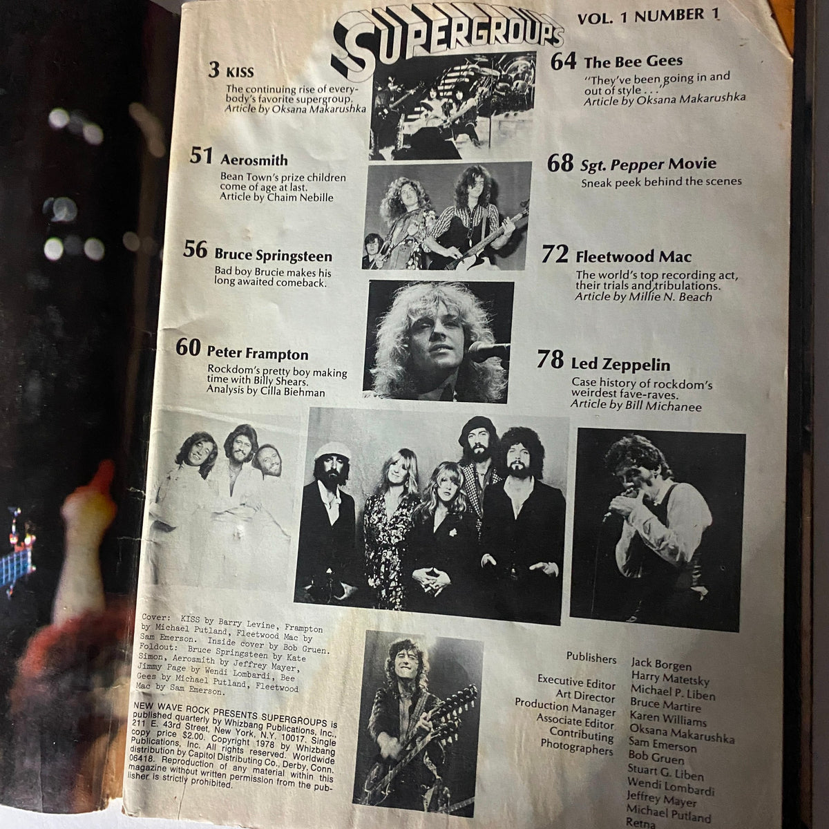 Page layout from New Wave Rock Presents Supergroups, Volume 1, Number 1, showcasing articles on Kiss, Aerosmith, Bruce Springsteen, and Fleetwood Mac.