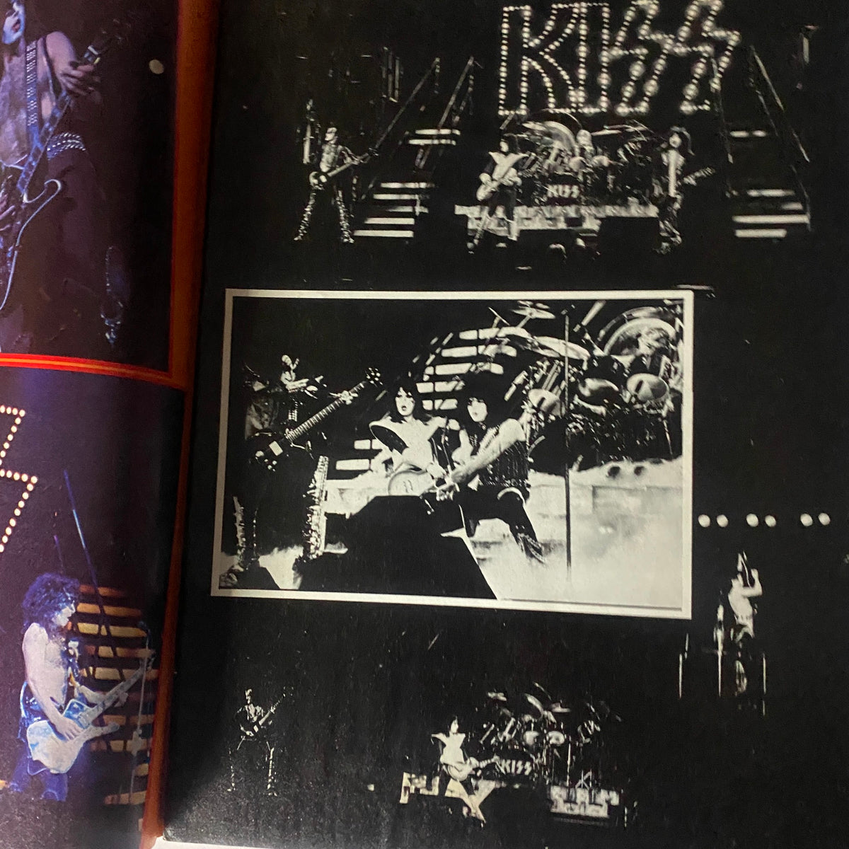 Black and white action shots of the rock band Kiss performing live, displayed in New Wave Rock Presents Supergroups magazine.