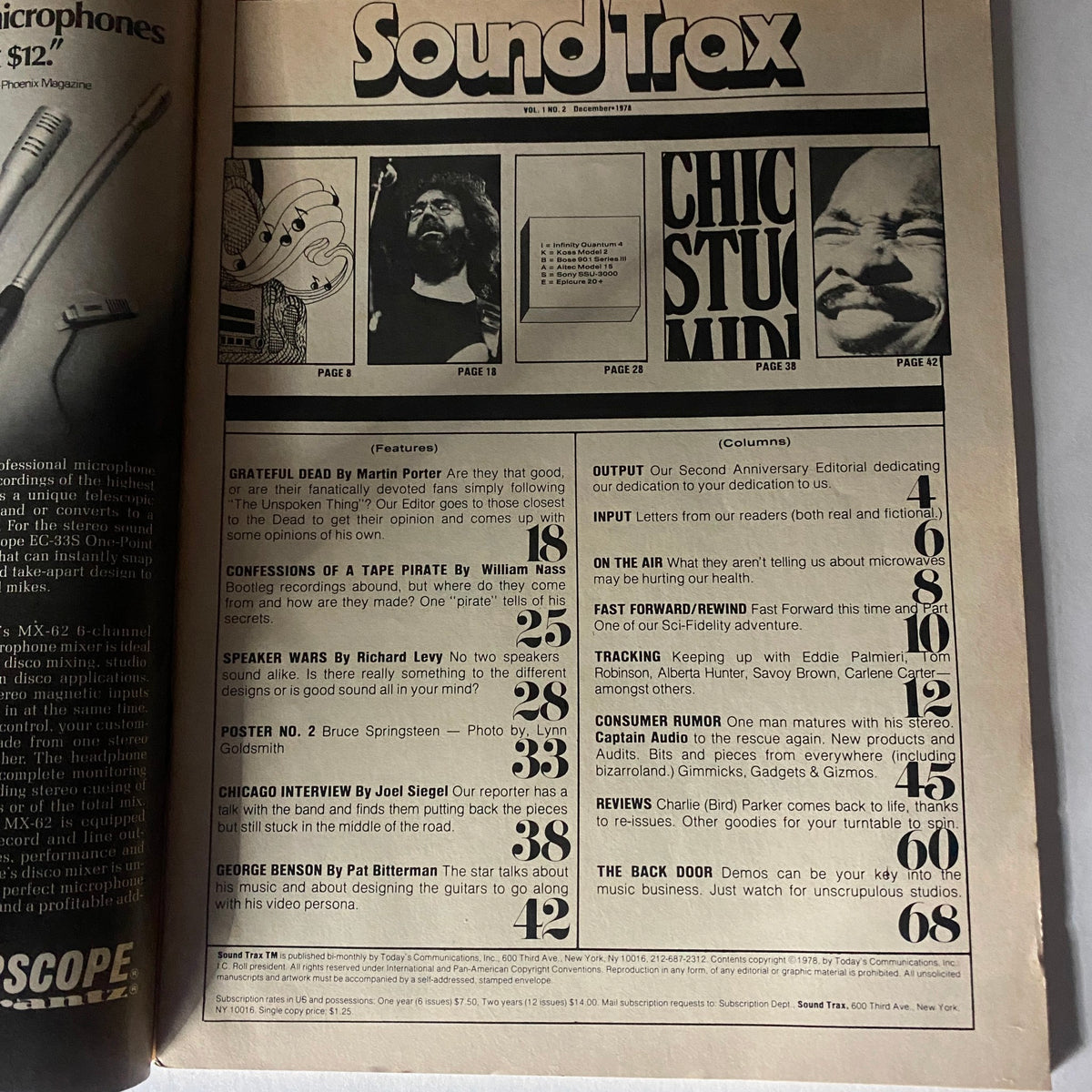 Inside page of the Sound Trax Magazine December 1978, showcasing the table of contents with features including an interview with Chicago and an article on George Benson.