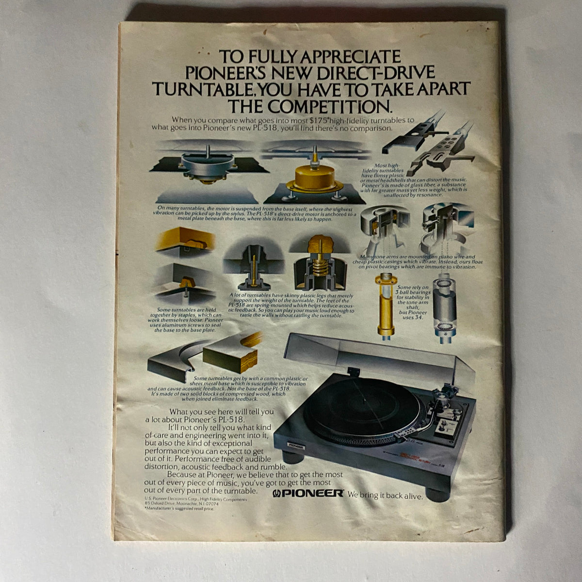 Vintage advertisement for Pioneer’s PF-518 Direct-Drive Turntable from the Sound Trax Magazine, December 1978 issue featuring George Benson. The ad highlights technical details and features of the turntable, showcasing its high-fidelity design and performance advantages over competitors.