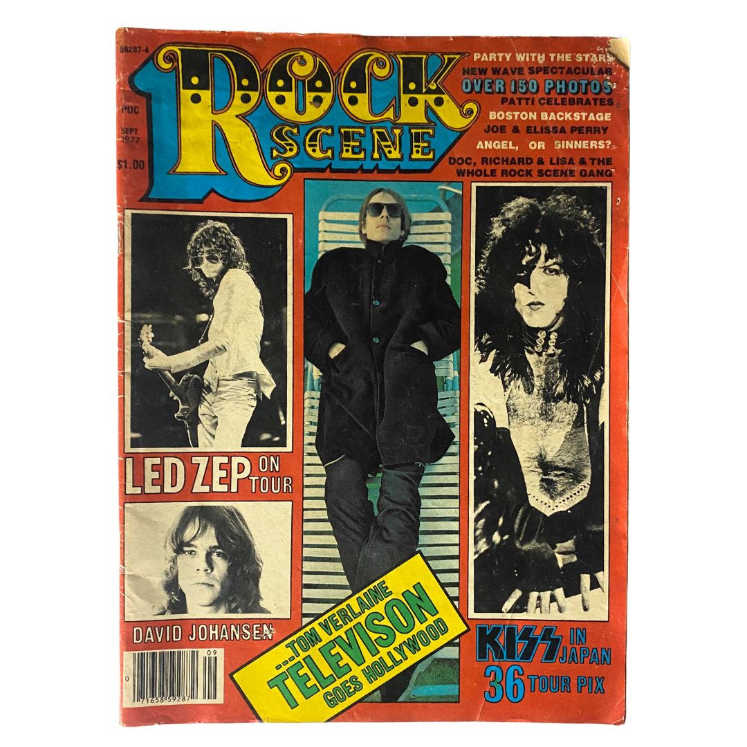 Cover of VTG Rock Scene Magazine September 1977 featuring Led Zeppelin on tour, with images of band members, highlighting notable rock artists of the era.