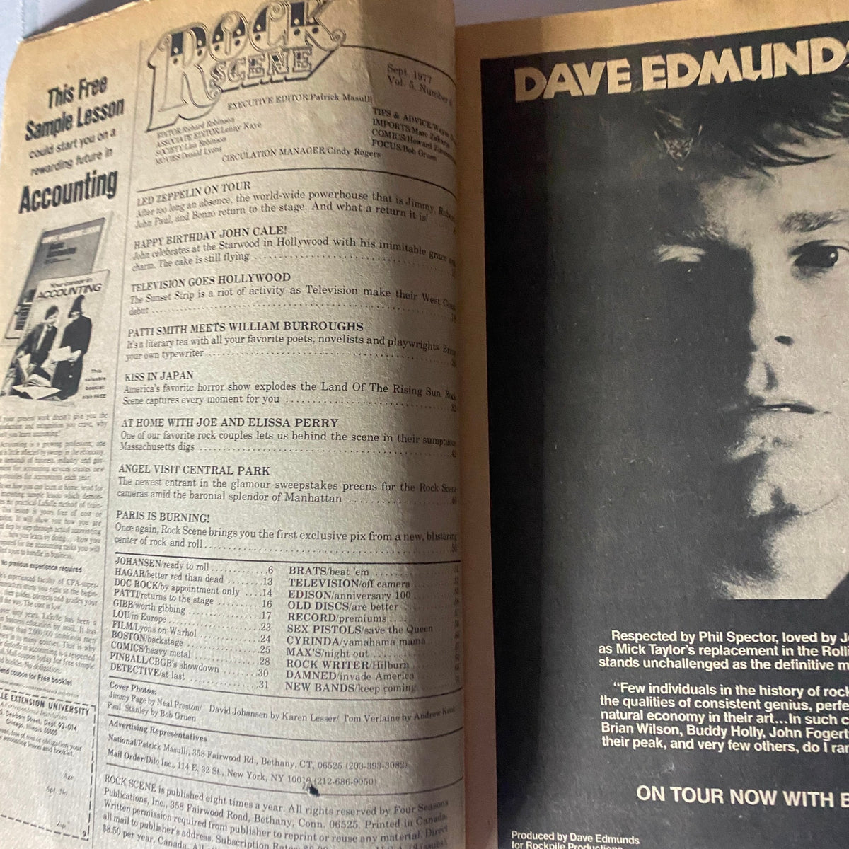 Interior of VTG Rock Scene Magazine September 1977 displaying article listings, including features on Led Zeppelin, Television, and Patti Smith.