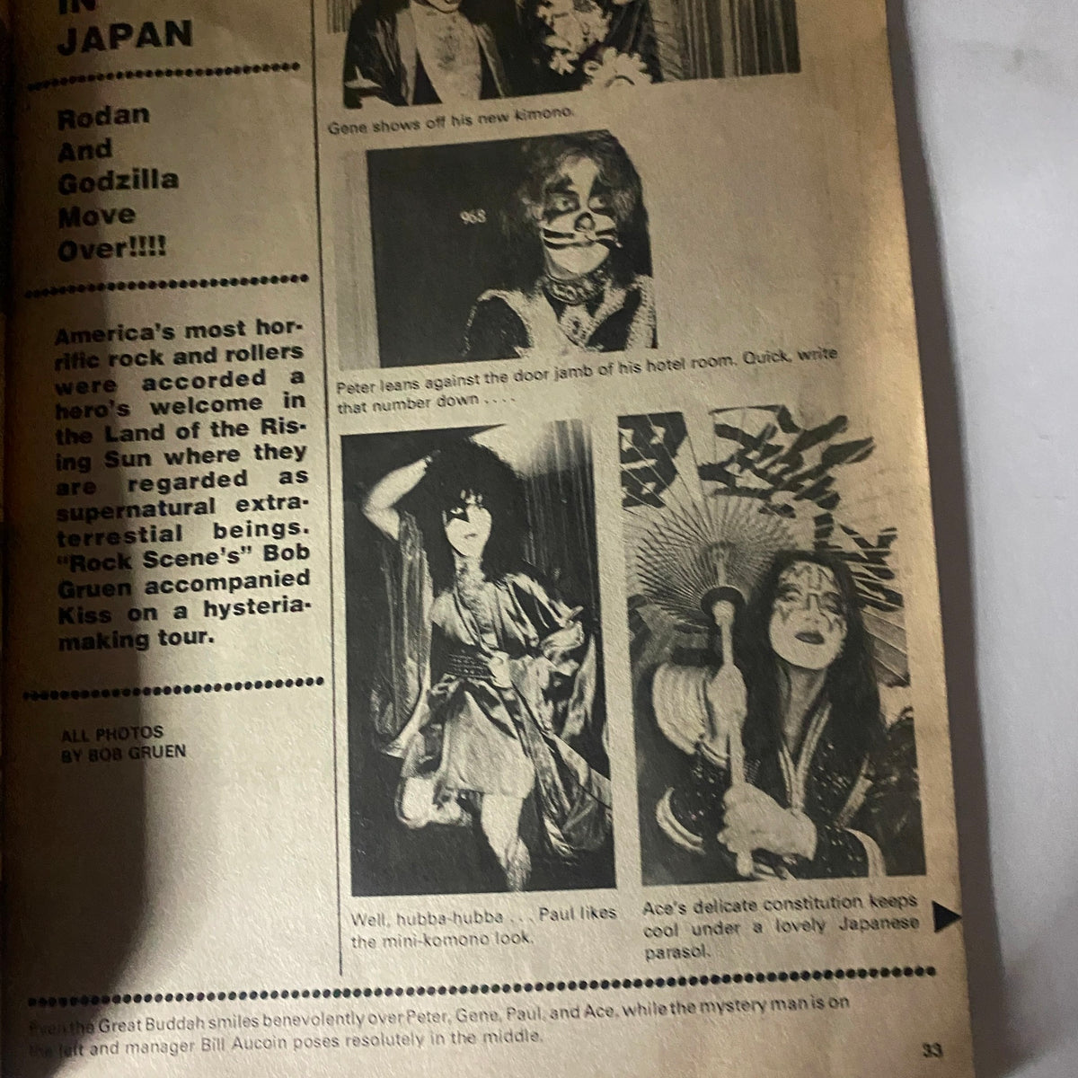 Vintage magazine page from Rock Scene Magazine September 1977 featuring rock musicians in Japan, showcasing images of Peter Criss, Gene Simmons, Paul Stanley, and Ace Frehley with Japanese cultural elements, part of Led Zeppelin on Tour features.