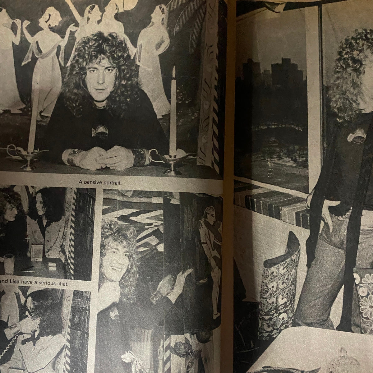 An internal page from the VTG Rock Scene Magazine July 1976 displaying a pensive portrait of Robert Plant, along with images of rock icons during that era.