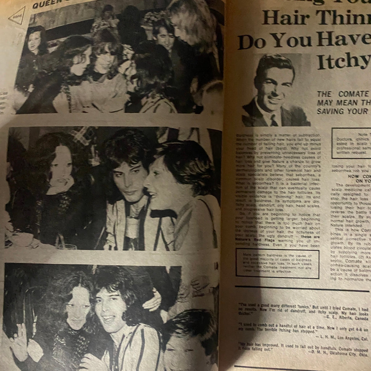 A page from the VTG Rock Scene Magazine July 1976 capturing candid moments of Queen band members during a social gathering, reflecting the vibrant rock culture.
