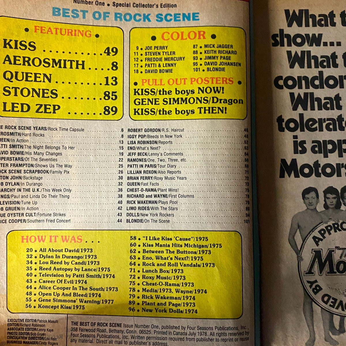 Table of contents for the July 1978 issue of VTG The Best of Rock Scene Magazine with features on Kiss, Aerosmith, and more.
