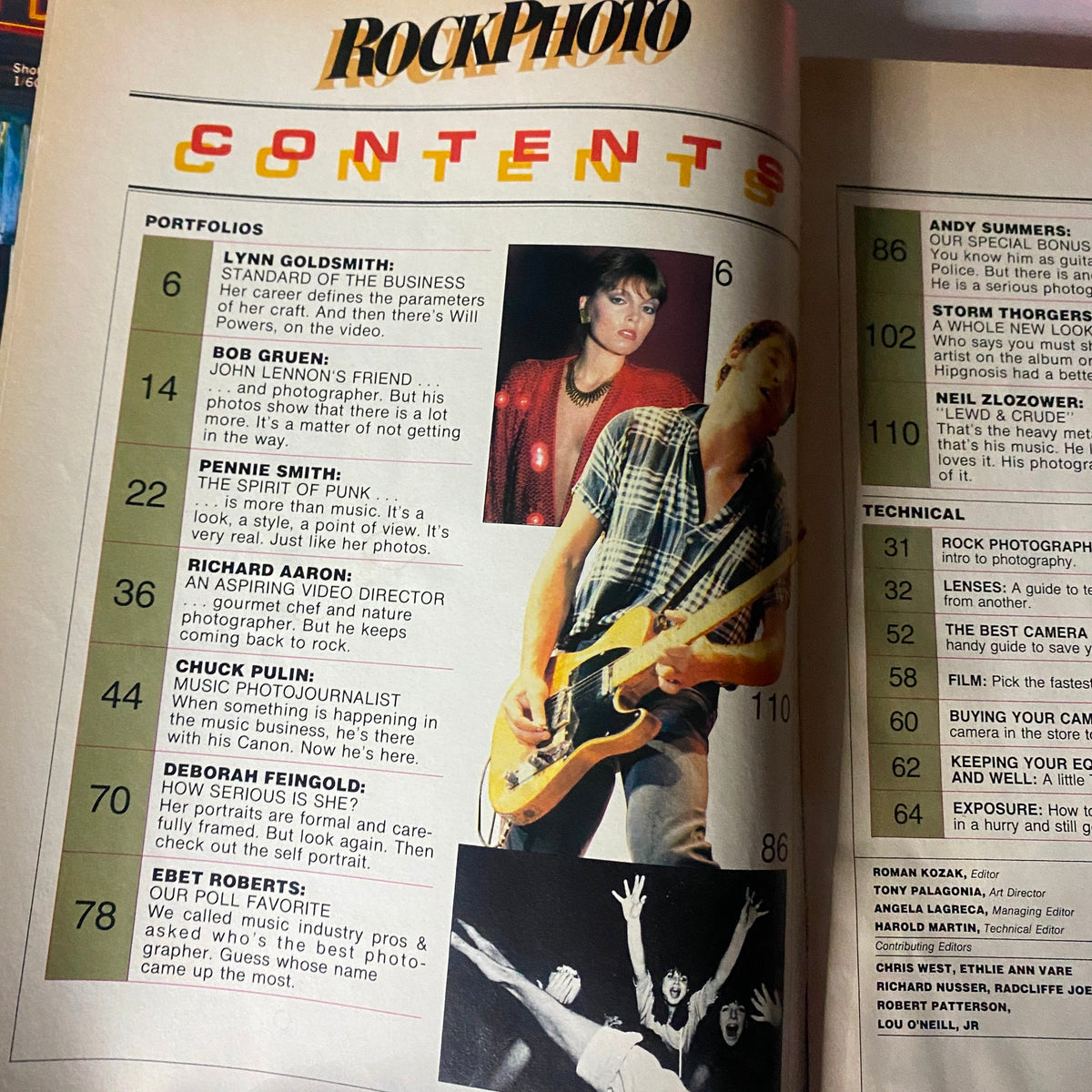 Contents page of VTG Rock Photo Magazine Fall 1984 Lynn Goldsmith Premier Issue featuring artist portfolios and photography insights.
