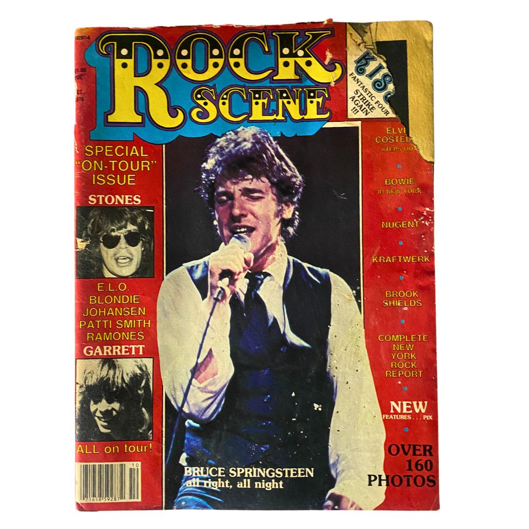 Cover of VTG Rock Scene Magazine October 1978 featuring Bruce Springsteen, showcasing a vibrant design and text highlighting various artists and music features from that era.