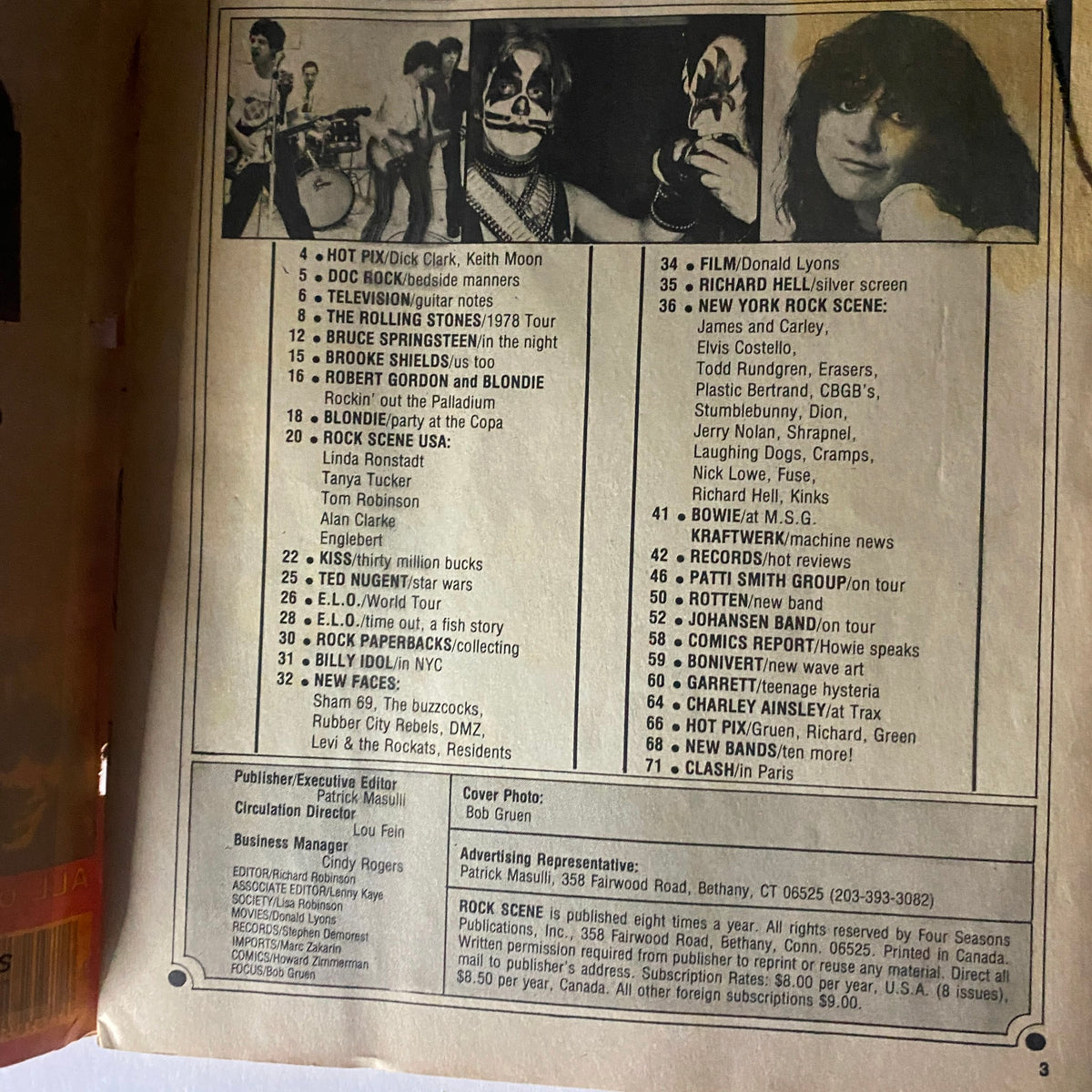 Back cover of the October 1978 VTG Rock Scene Magazine displaying content listings and photographs of featured artists.