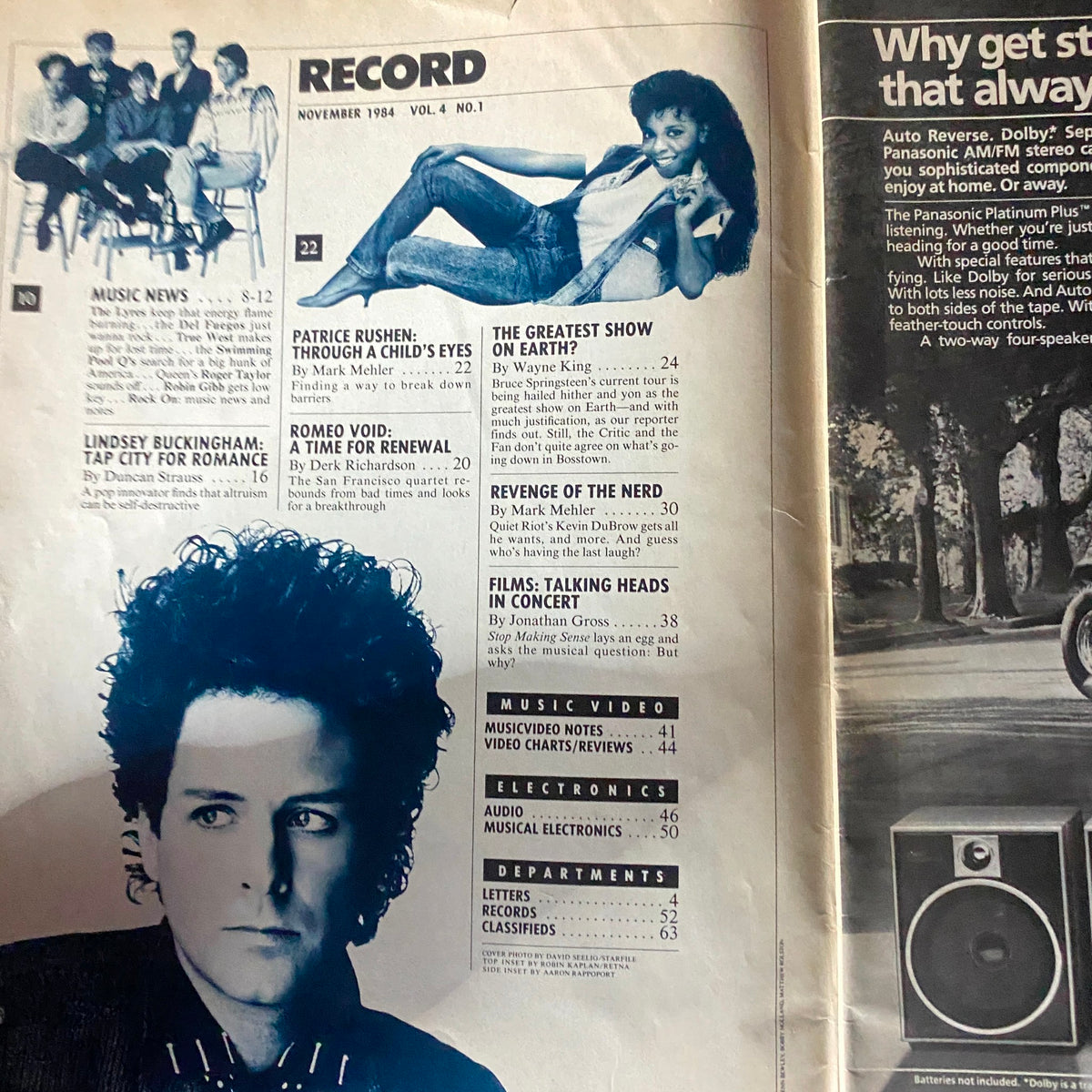 Contents page of VTG Record Magazine November 1984 Vol 4 No. 1 listing articles on Bruce Springsteen, Lindsey Buckingham, and other prominent musicians. A glimpse into the iconic music culture of the era.