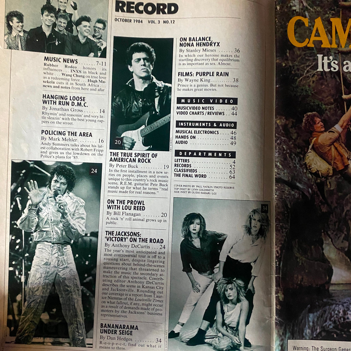 Inside page of the October 1984 Record Magazine, featuring music reviews and interviews, including Michael Jackson's segment on 'Victory on the Road'.