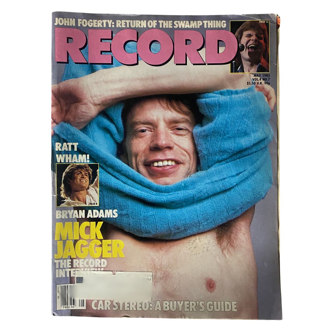Cover of VTG Record Magazine May 1985 Vol 4 No. 7 featuring Mick Jagger and Bryan Adams, showcasing vintage rock culture.
