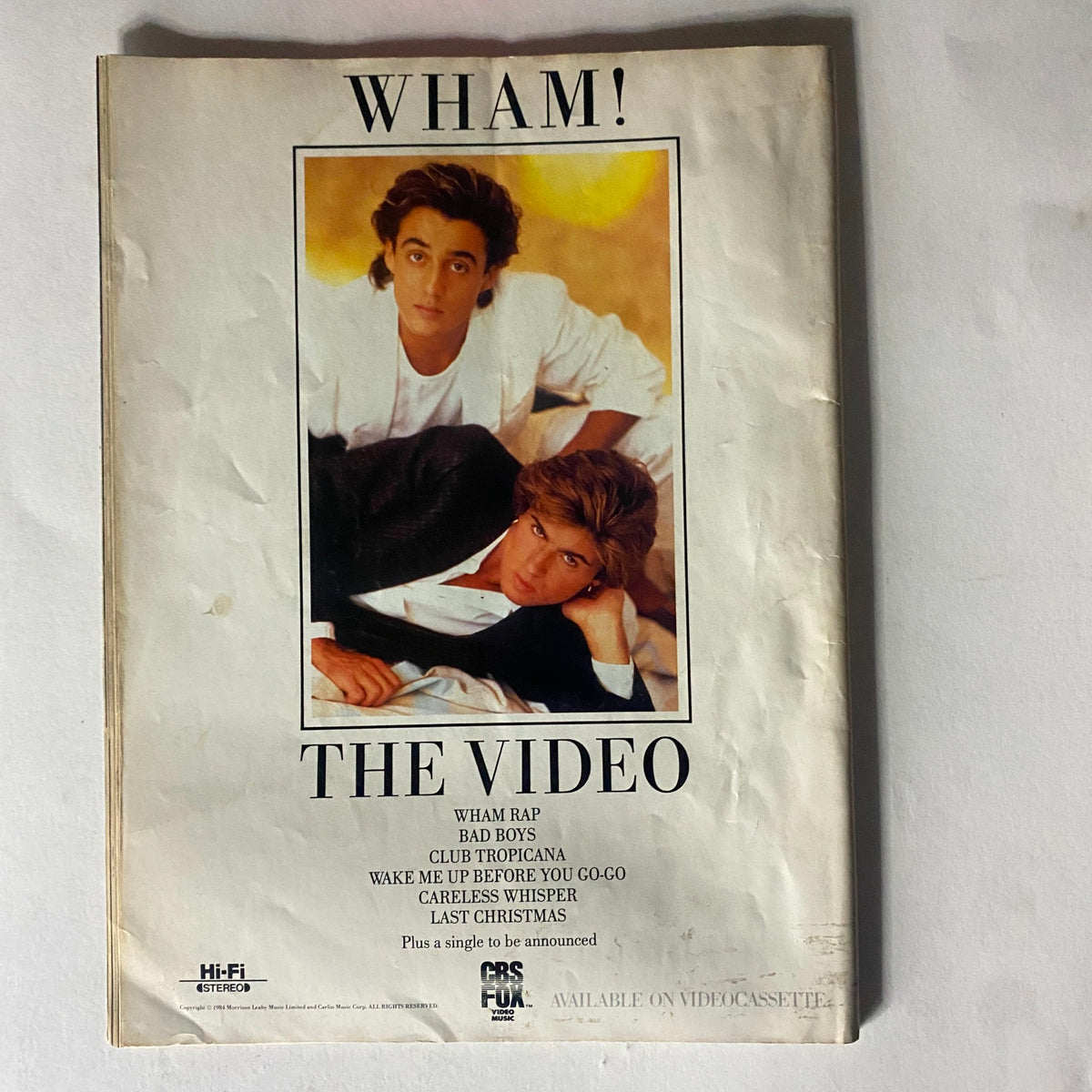 Vintage Record Magazine cover from April 1985, Volume 4, Number 6 featuring iconic music group Wham!, highlighting their popular videos including 'Careless Whisper' and 'Last Christmas'.