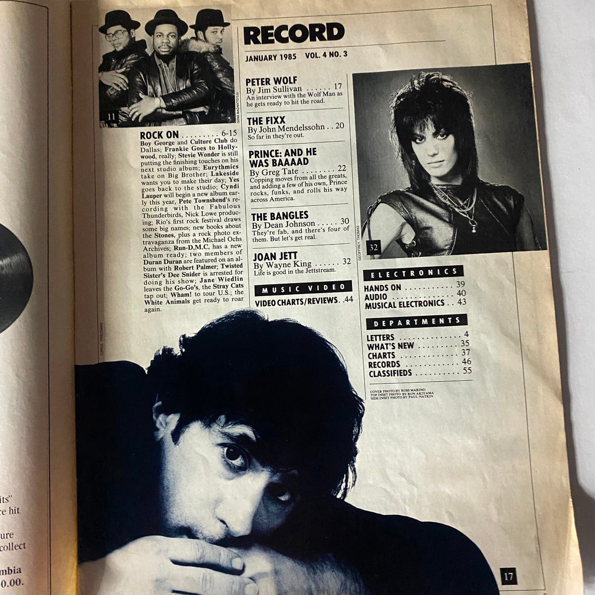 Interior page of VTG Record Magazine January 1985 Vol 4 No. 3, featuring articles on music, including The Fixx and Joan Jett, reflecting the 1980s music scene.