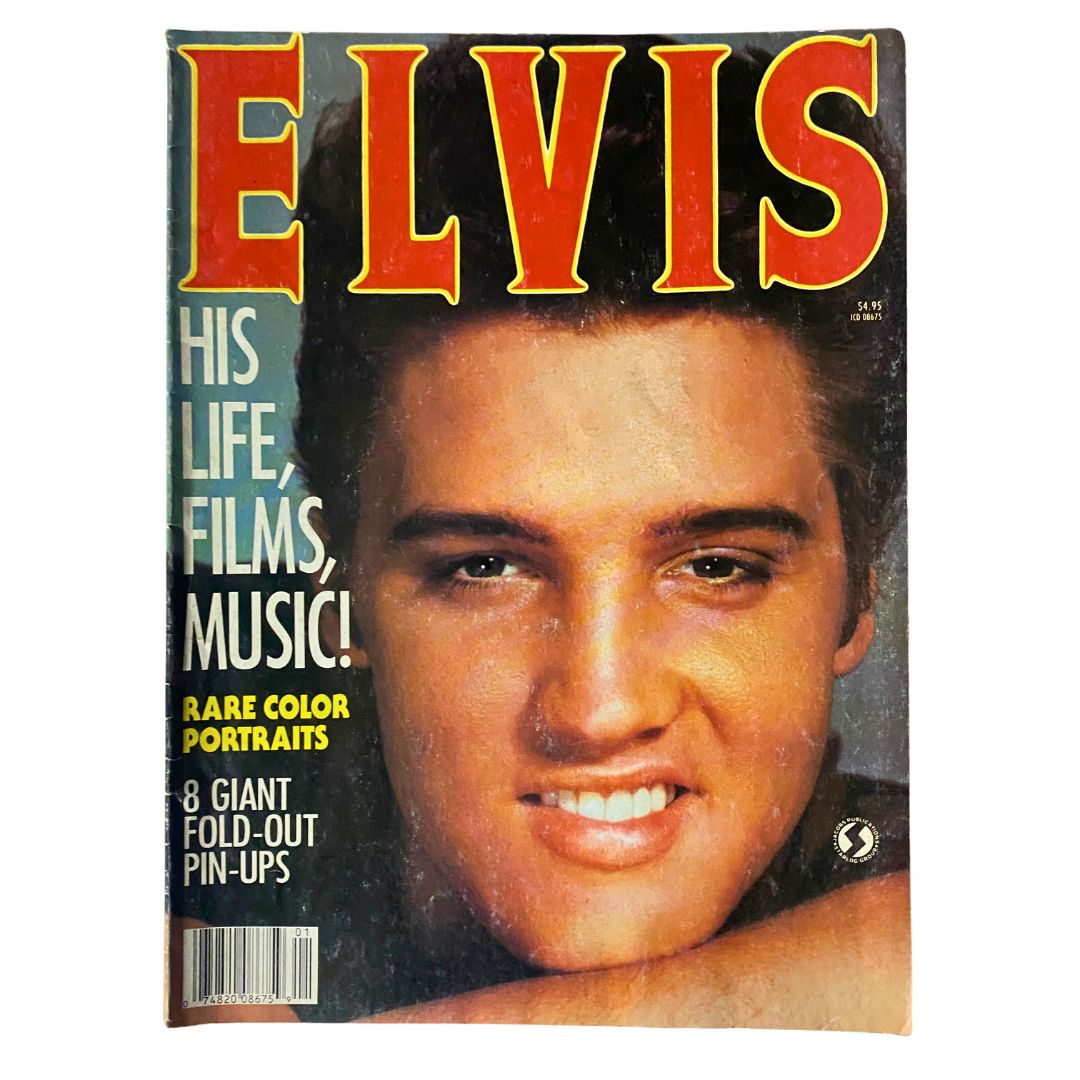 VTG Rock Stars Present 1987 Elvis Presley His Life, Films, Music No Label magazine cover featuring a close-up of Elvis Presley smiling, showcasing rare color portraits.