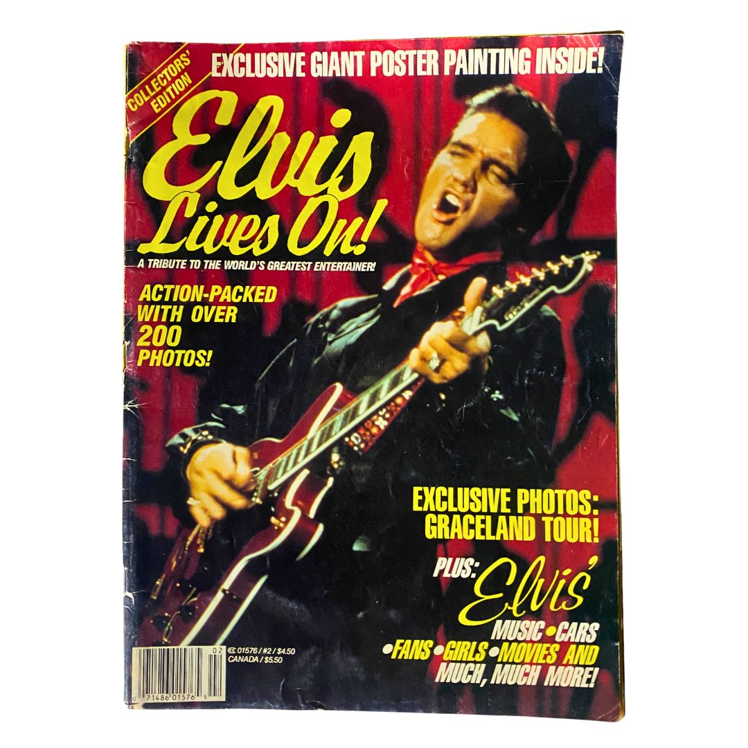 Cover of Elvis Lives On Magazine, July 1992 showcasing a vibrant tribute to Elvis Presley, featuring bold graphics and a photo of him performing.