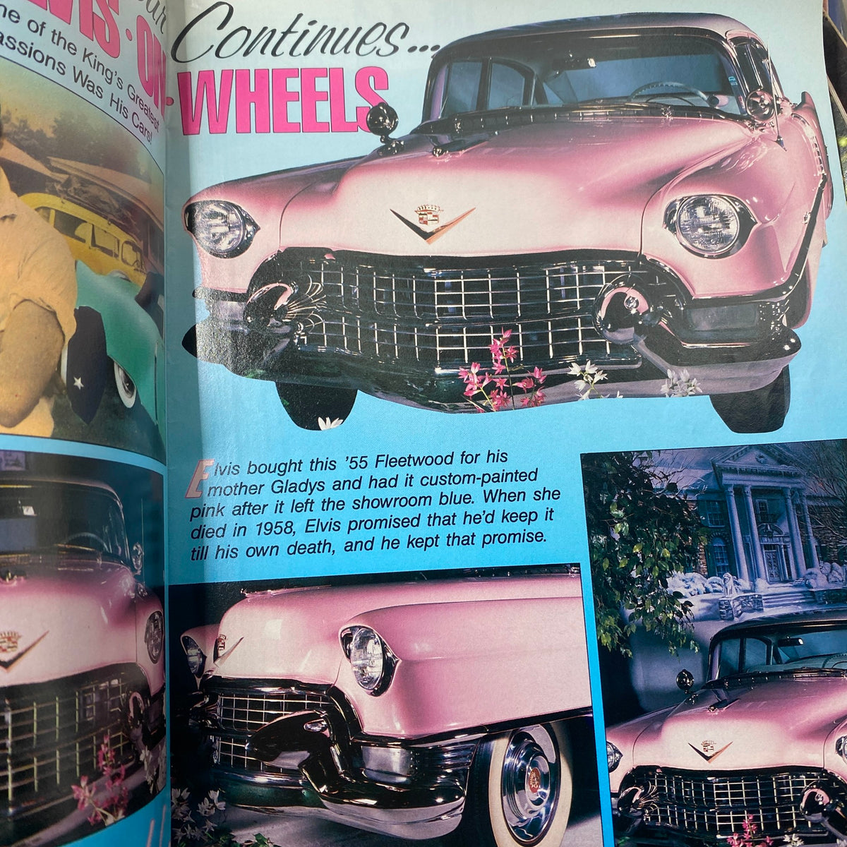 Elvis Lives On Magazine July 1992 highlighting the iconic 1955 Fleetwood Cadillac, symbolizing Elvis Presley's connection to classic automobiles.