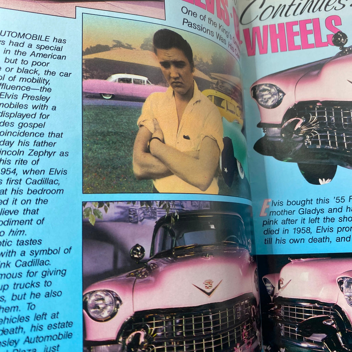 Elvis Lives On Magazine July 1992 depicting Elvis Presley as a young man posed beside classic cars, emphasizing his love for vehicles.