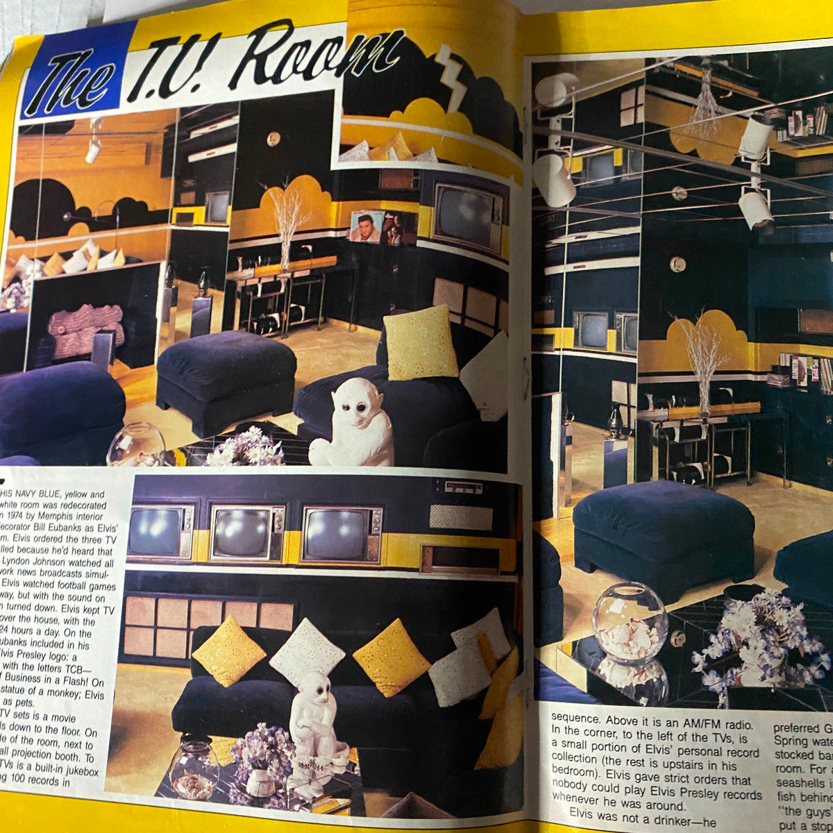 Elvis Lives On Magazine July 1992 displaying the T.V. Room of Elvis Presley, illustrating the unique decor and furniture that reflects his personal style and taste.