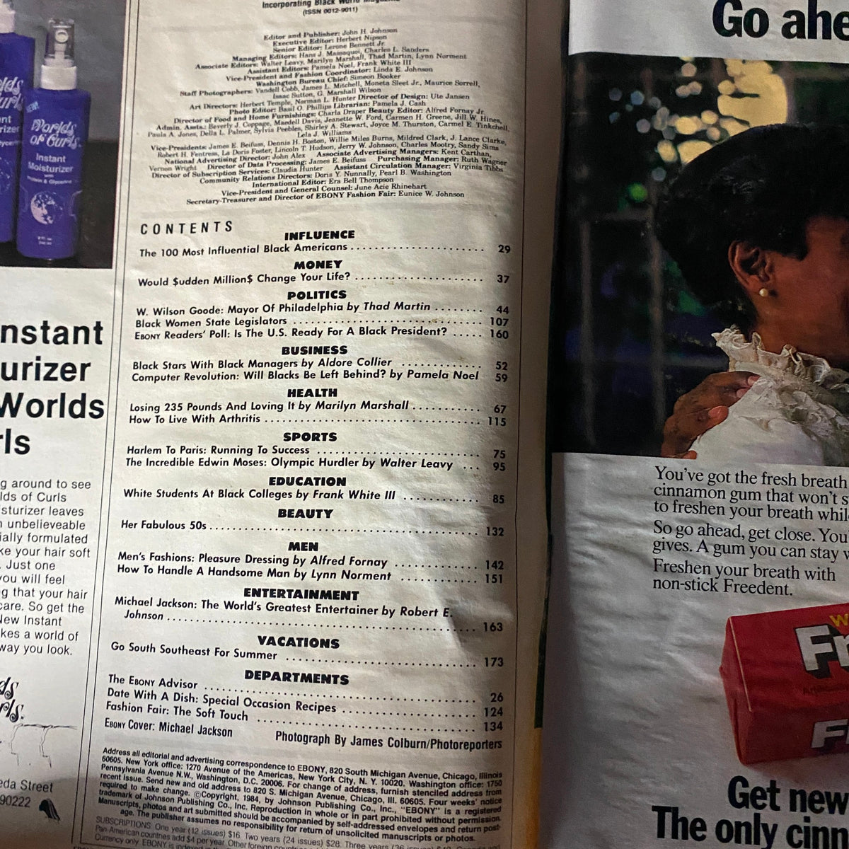 Interior page of VTG Ebony Magazine May 1984 featuring contents including articles on influential Black Americans and entertainment sections with a focus on Michael Jackson, showcasing the magazine's well-preserved condition.