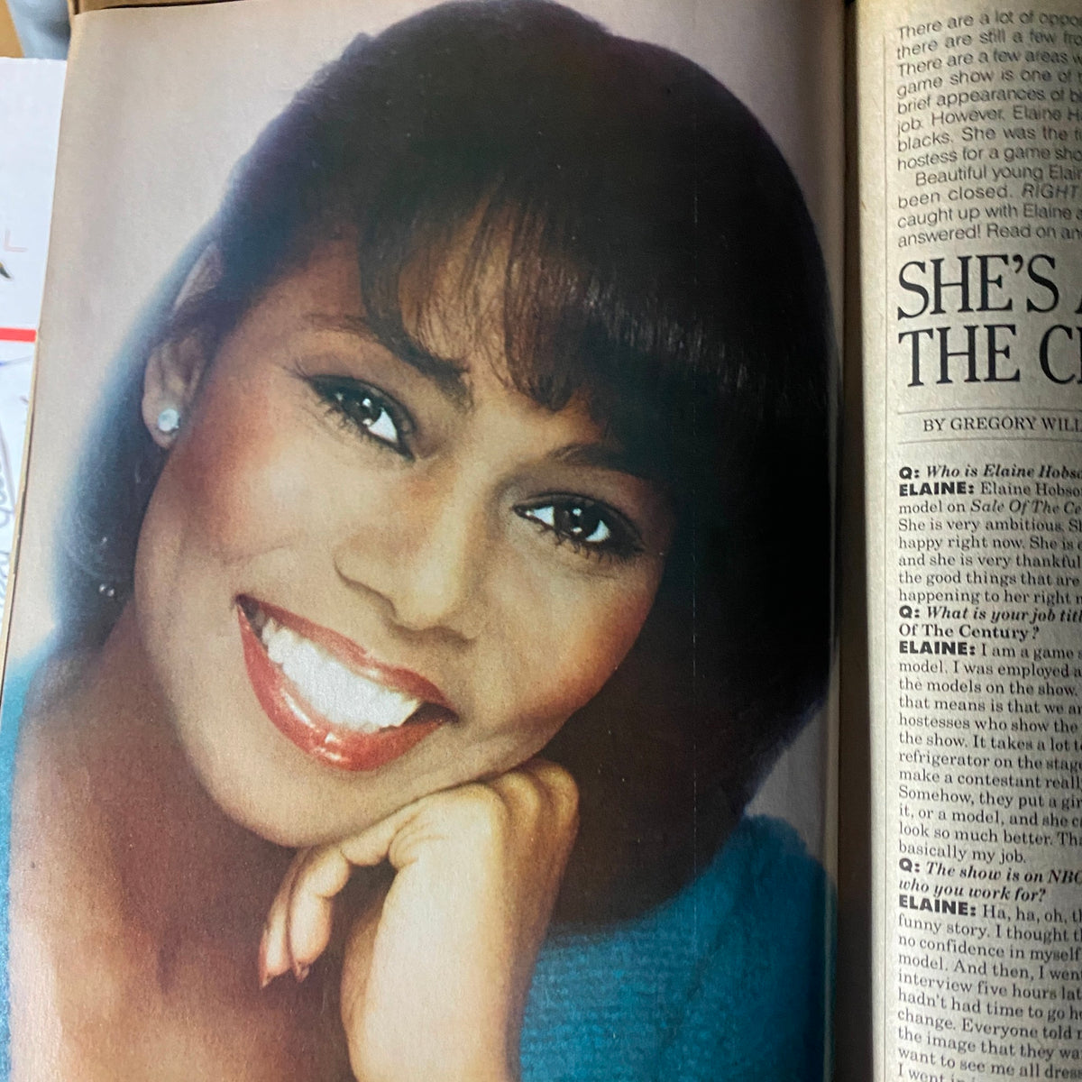 Elaine Hobson smiling warmly, featured in the VTG Right On Magazine December 1983 Vol 14 No. 3, showcasing notable personalities of the era.