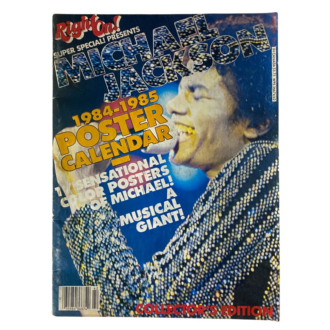 VTG Right On Magazine 1984-1985 featuring Michael Jackson on the cover with 'Poster Calendar' prominently displayed, showcasing a colorful design and highlighting his iconic status as a musical giant.