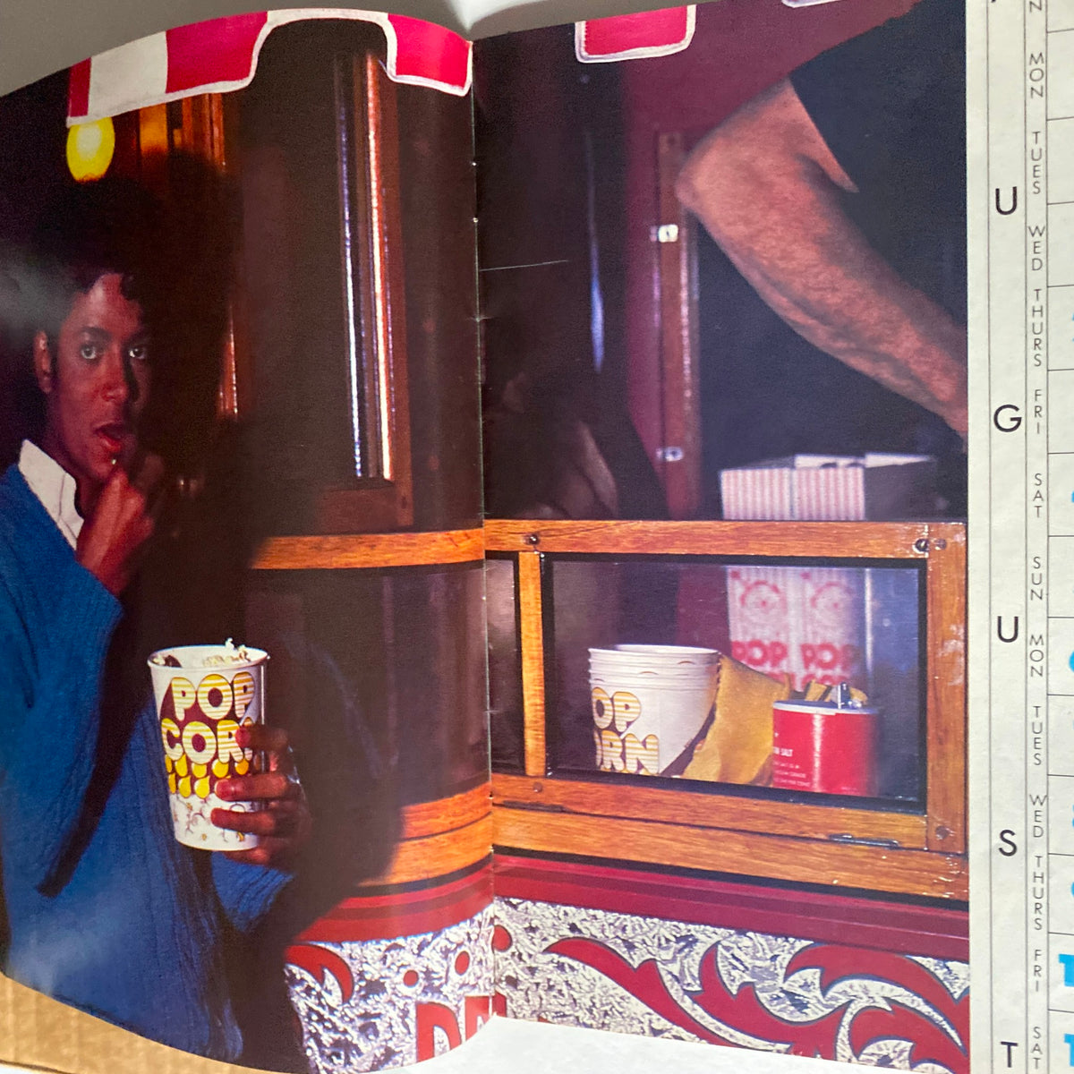 VTG Right On Magazine 1984-1985 featuring Michael Jackson enjoying popcorn in a carnival setting for the August calendar page.