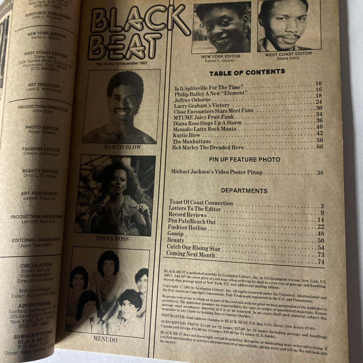 Table of contents page from the VTG Black Beat Magazine December 1983, featuring notable personalities like Diana Ross and Jeffrey Osborne, showcasing the magazine's cultural significance.