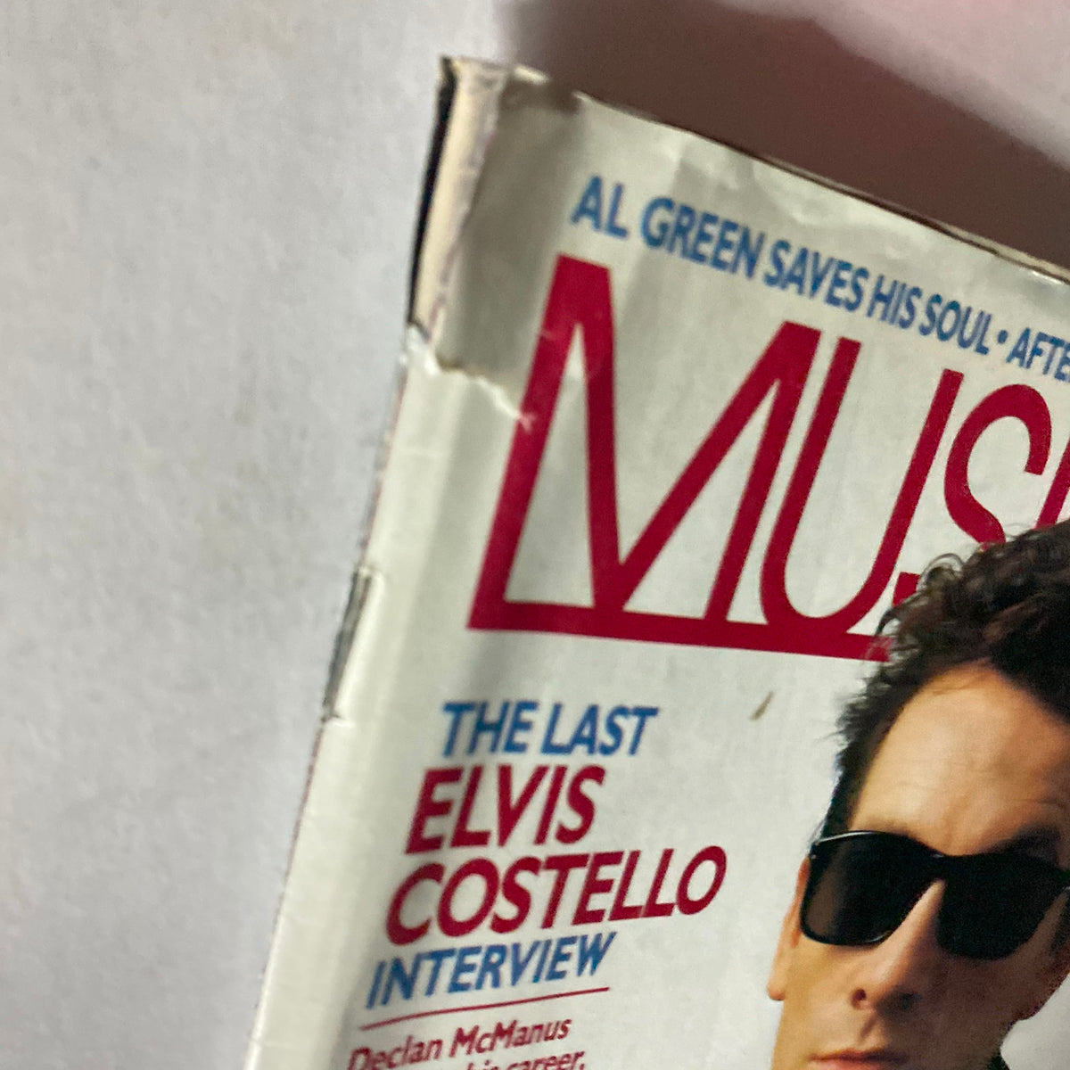 Close-up of the Musician Magazine March 1986 cover, highlighting 'The Last Elvis Costello Interview' with details of the title and additional text.